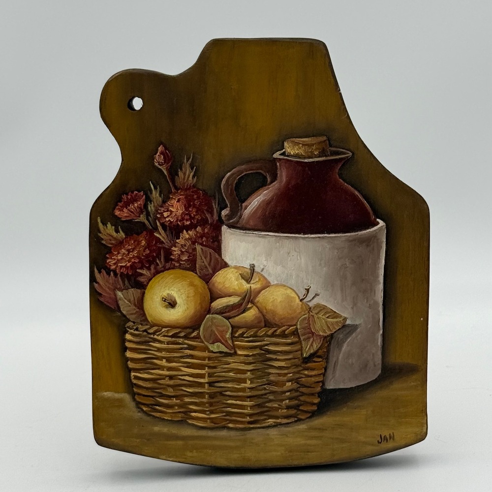 Vintage Hand Painted Wood Still Life Wall Art Signed JAN Farmhouse Kitchen Decor